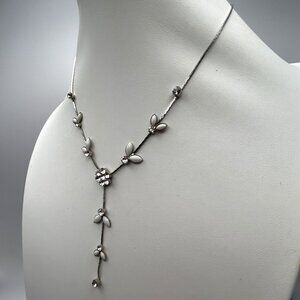 Floral YDrop Necklace White Enamel Leaves Rhinestone Drop Adjustable